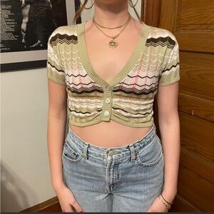 Vintage Y2K cream knit crop top cardigan baby tee super cute striped top cream